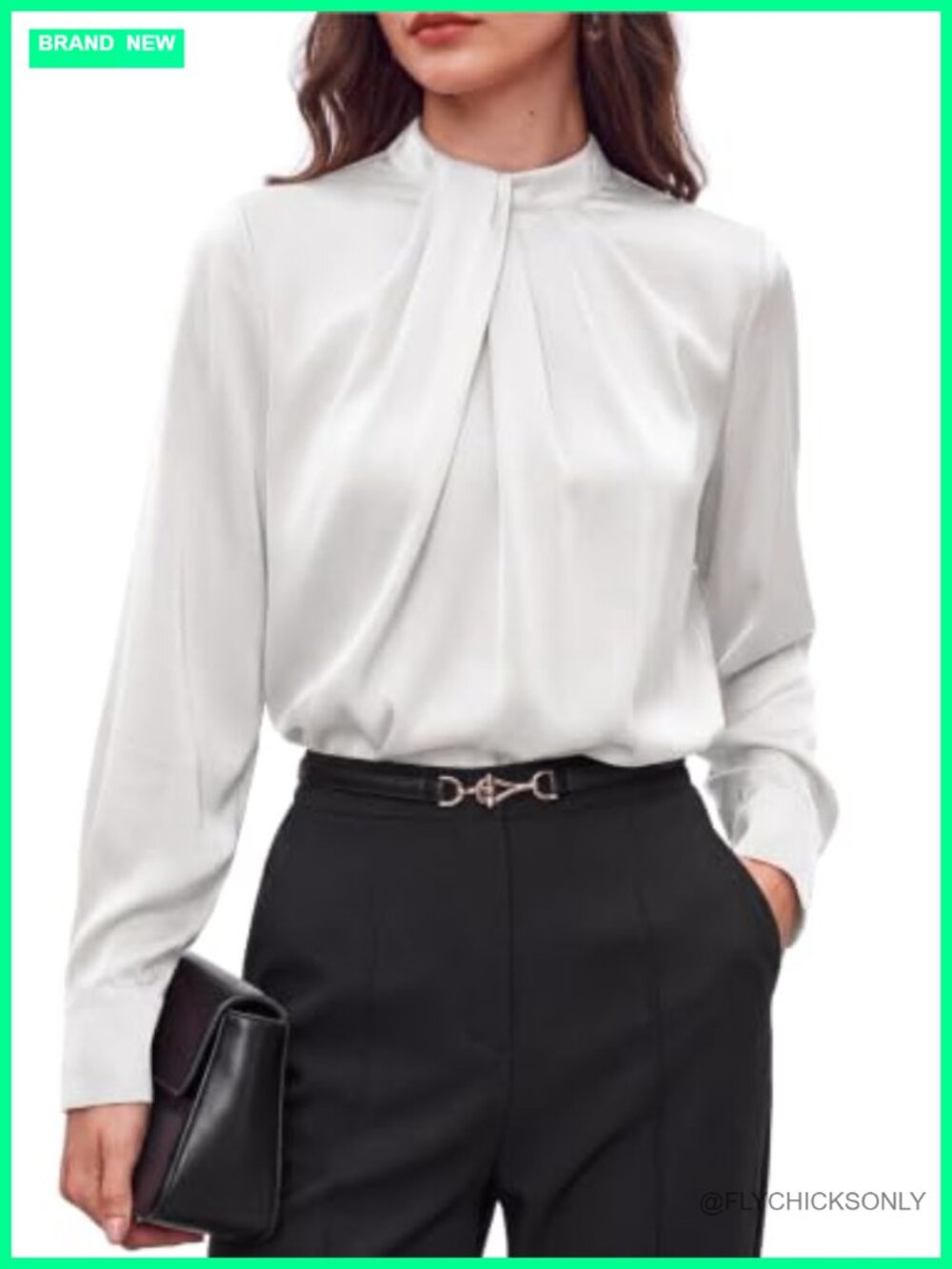 Satin Blouse Women Long Sleeve Mock Neck Keyhole Back Pleated